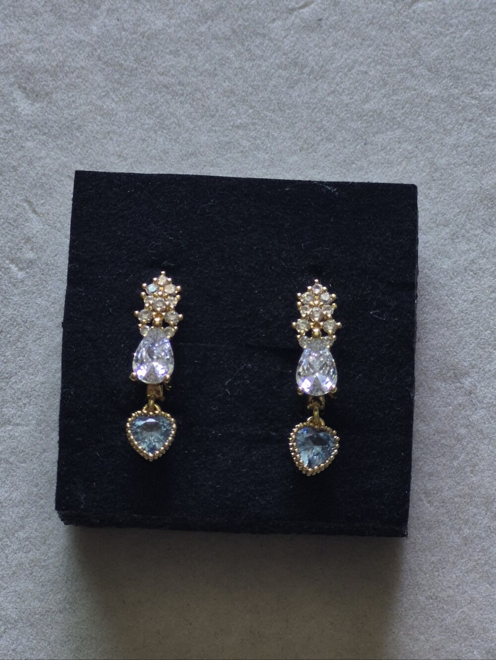 Gold Crystal Drop Earrings with Light Blue Heart Gem